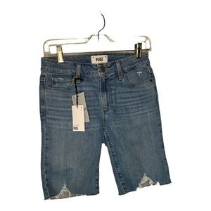 Paige Jax Raw Hem High Rise Blue Denim Knee Shorts in Fay Destructed Size 26 New